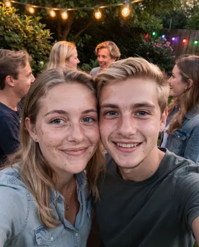 Twee vrienden maken samen een selfie op een tuinfeest
