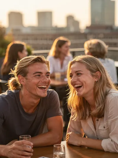 Twee vrienden lachen samen aan een tafel op een dakterras bij zonsondergang