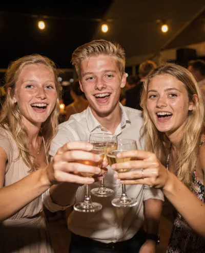 Drie vrienden proosten 's avonds onder lichtslingers